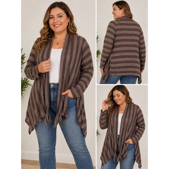 Olivia Moon Sweaters - Olivia Moon Womens 1X Brown Striped Open‎ Front Cardigan Tie Front Lightweight